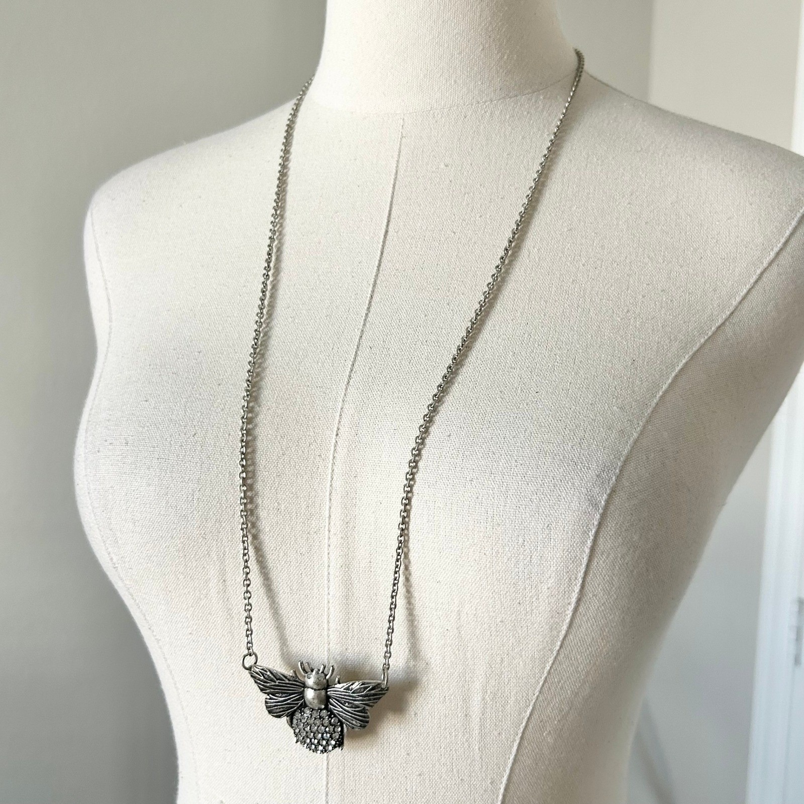 Silver Tone Bee Pendant Necklace Rhinestone Wings Chain Charm Statement Jewelry