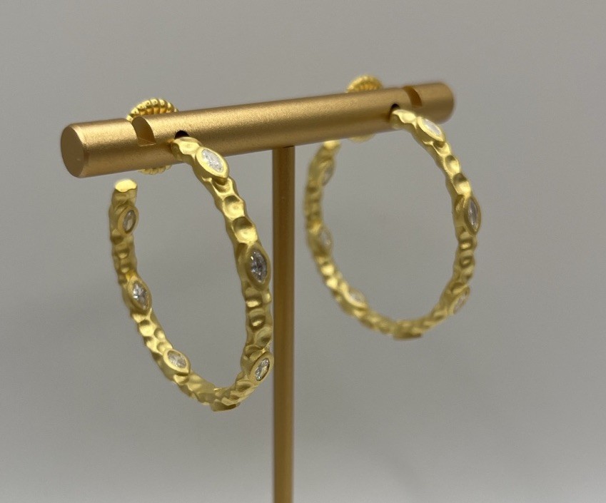 Freida Rothman Gold Hammered Hoop Earrings With CZ Bezel Detail NEW
