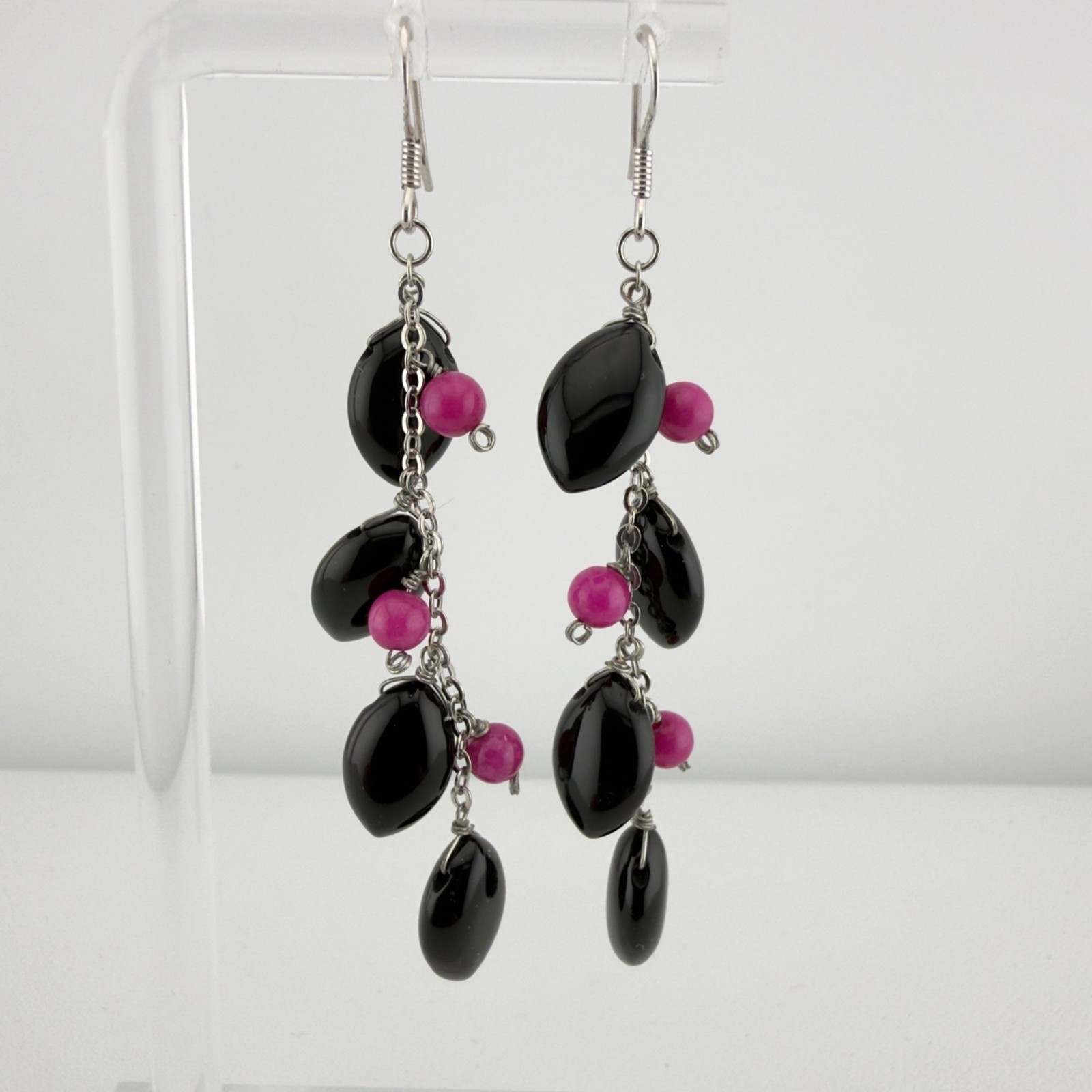 Sterling Silver Long Beaded Dangle Earrings Black Pink 2.5″