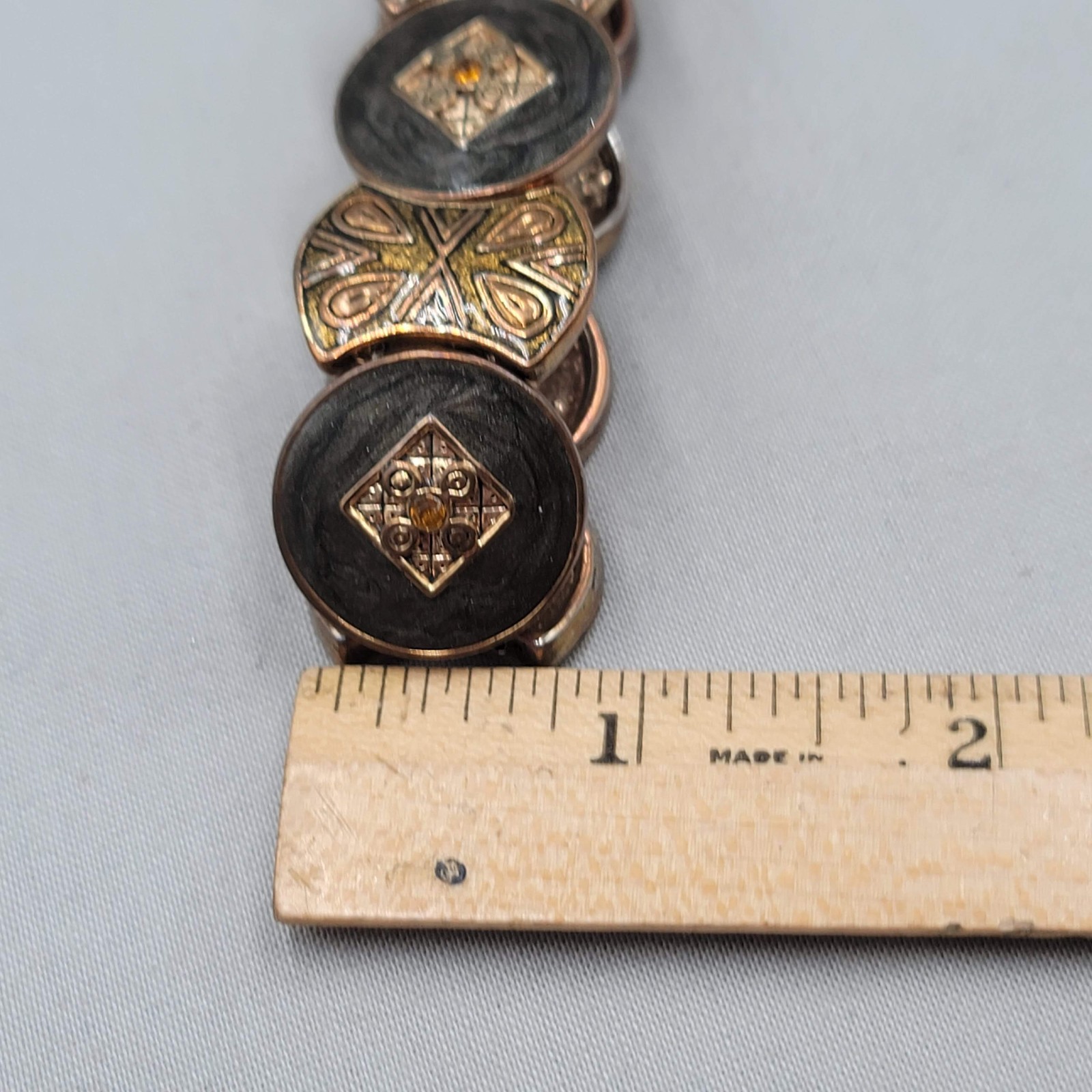 Enamel Medallion Bracelet Bronze tone Elastic 6.25″