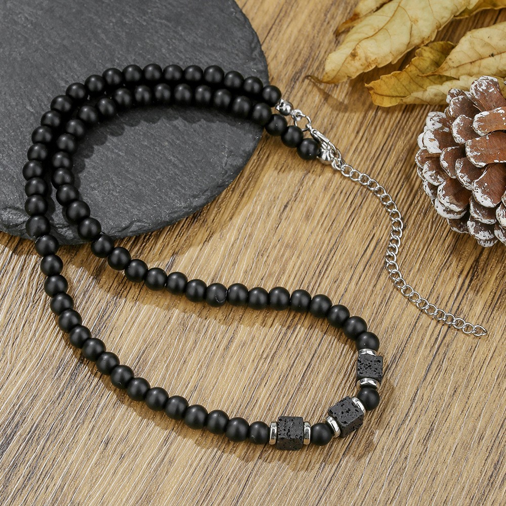 Mens Boho Necklace Natural Lava Stone Wood Beads Surfer Handmade Choker