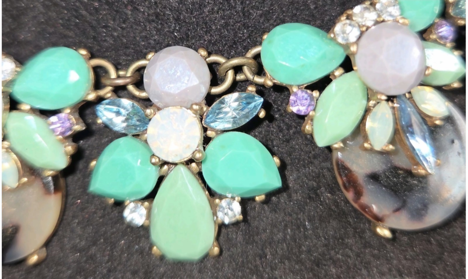 Mint Green Jade Opal Amethyst Rhinestone Floral Statement Bib Necklace