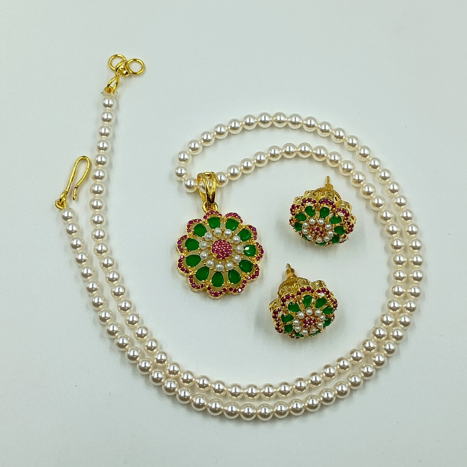 Ruby Emerald Pearl Pendant Set 22k Gold Plated Traditional South Indian