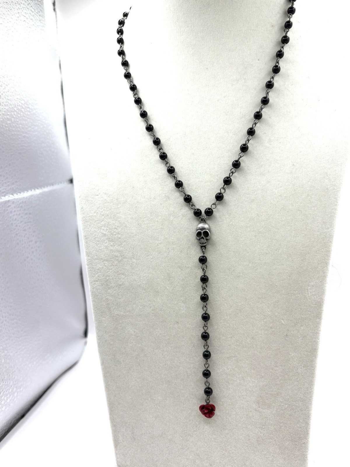 Gothic Black Beaded Y Drop Necklace W/ Pewter Skull & Red Rose