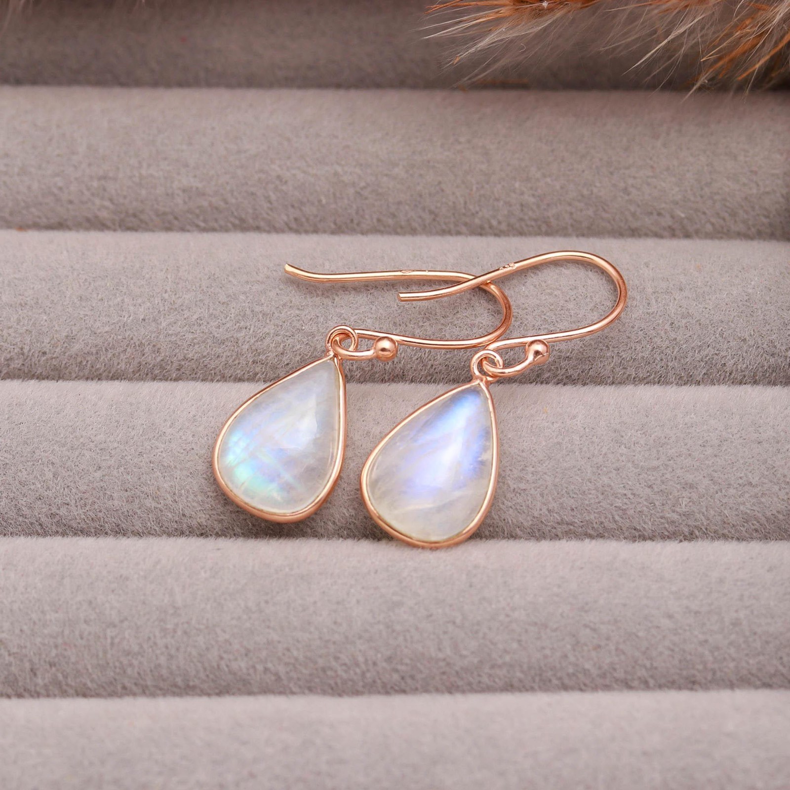 100%Natural Moonstone Pear Dangle Earrings Rose Gold Plated Solid Silver Jewelry