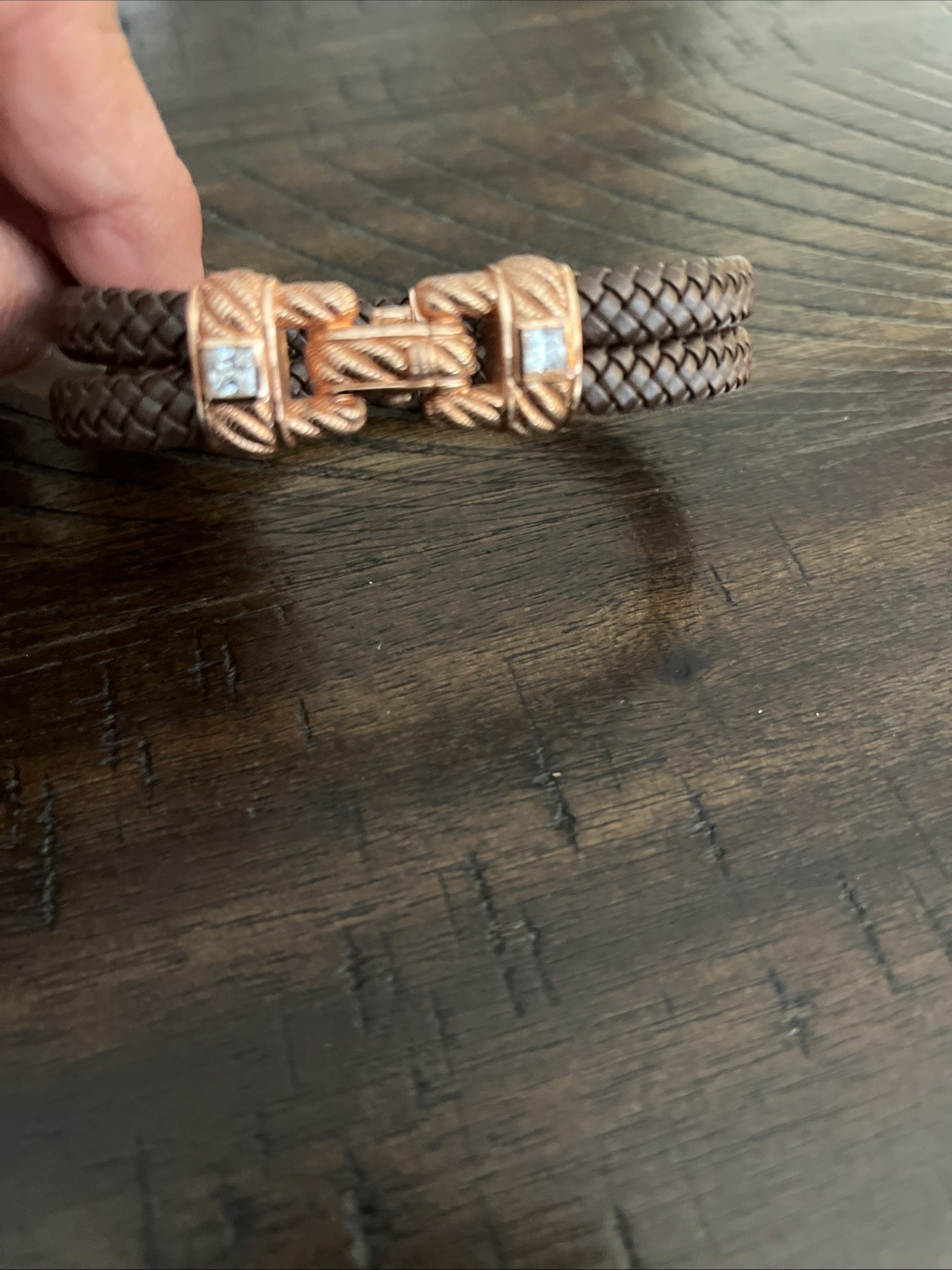 Judith Ripka Braided Brown Leather And Rose Gold- Clad Sterling Silver Bracelet