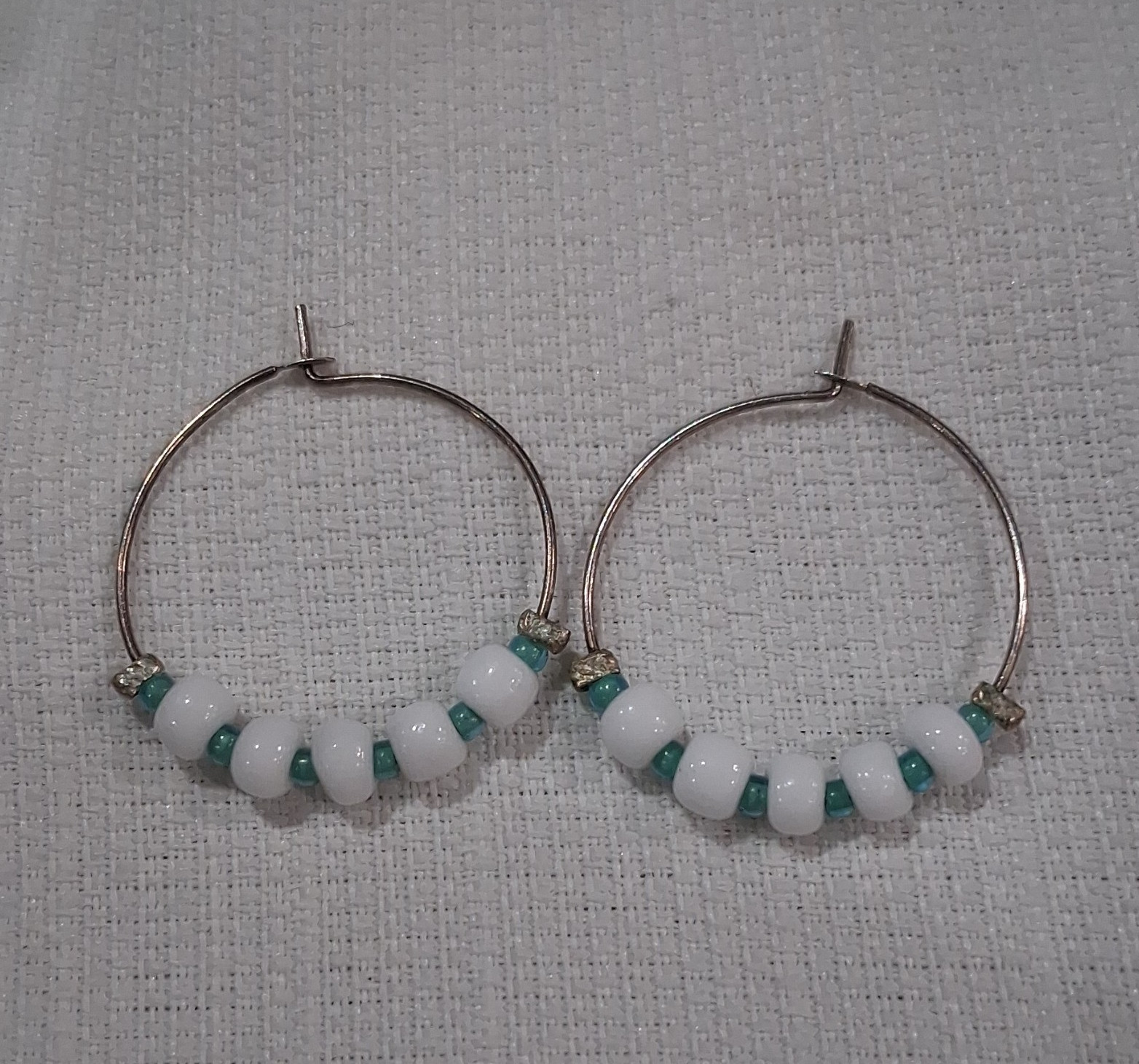 Silver-Tone Beaded Hoop Earrings, White & Green Glass Beads, Hoop Wire