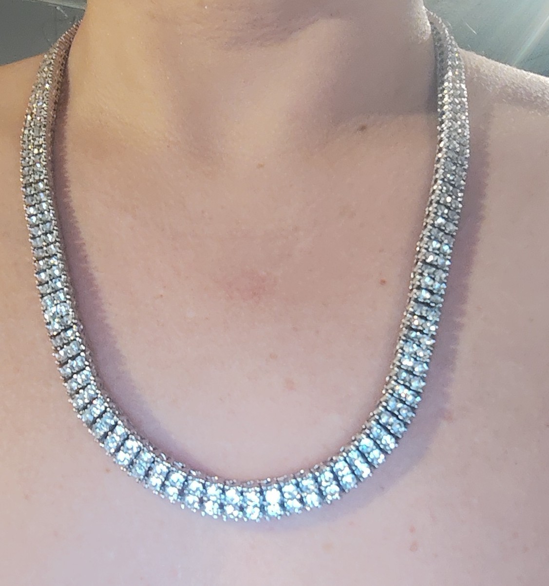 Icy Hip-hop 2 row Bling, Silver Tone Clear Rhinestone Tennis Necklace Chain 24″