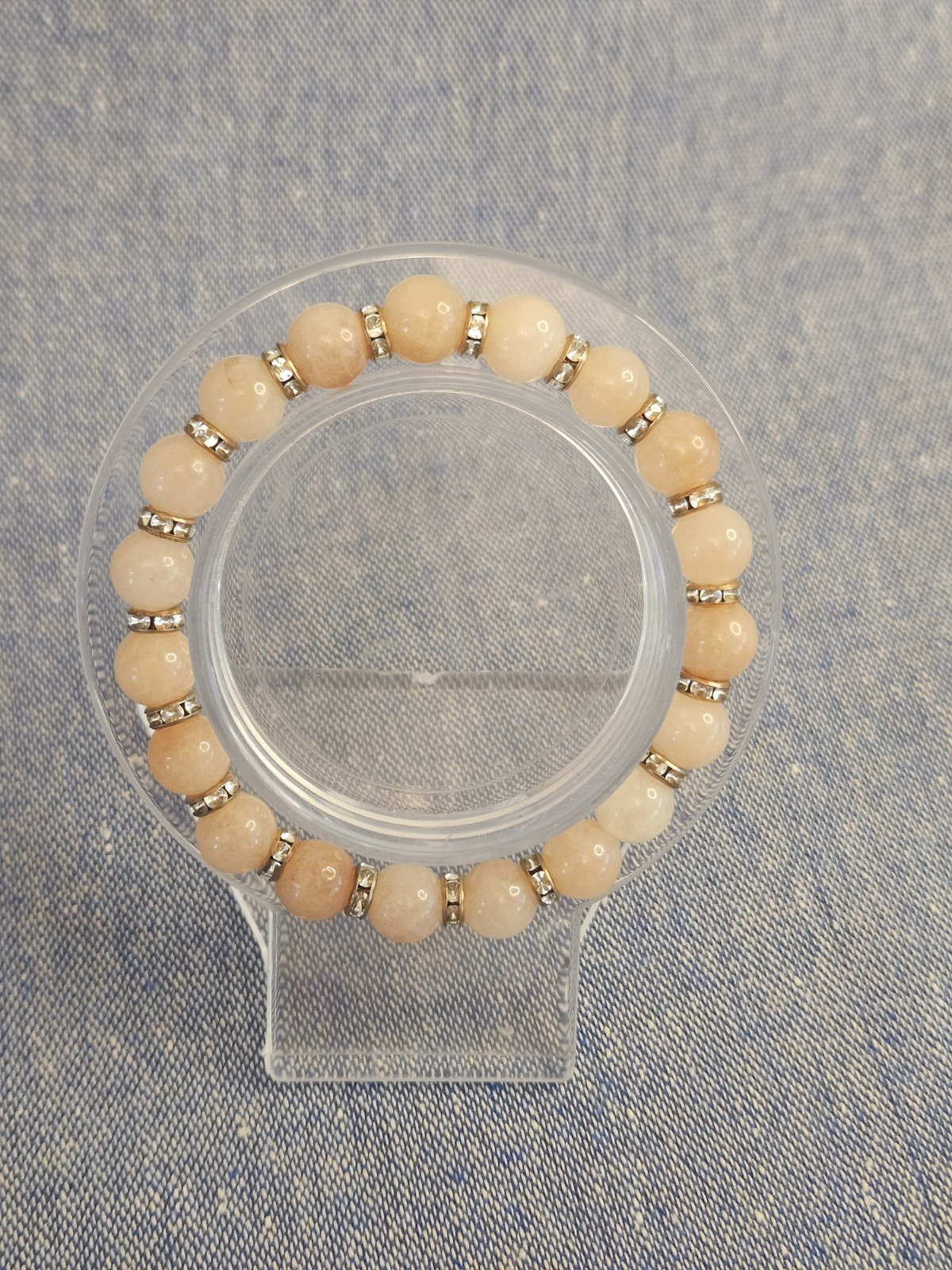 Pink Sunstone 8mm Round Beaded Stretch Bracelet w Golden Rhinestone Spacer Rings