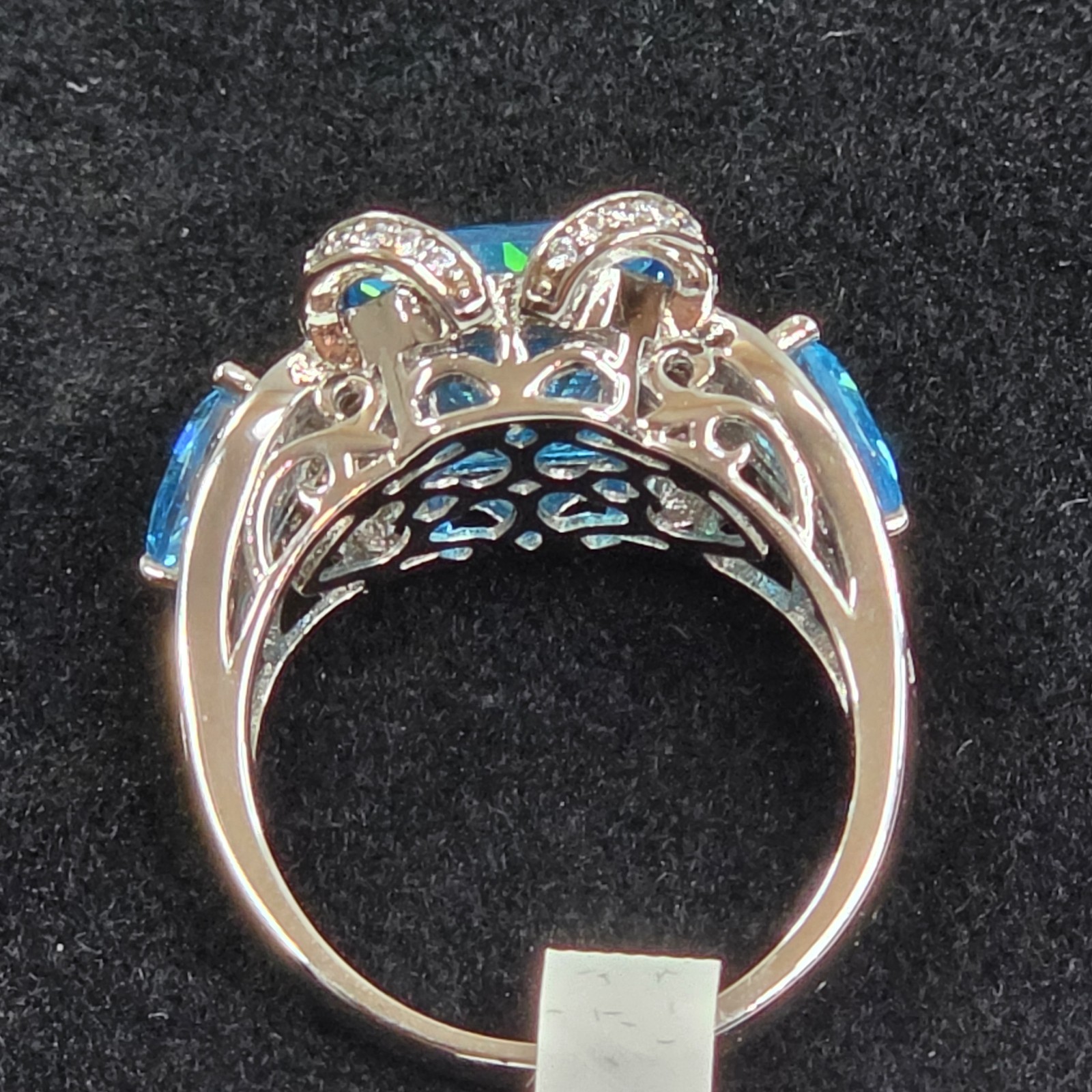 Silver Tone Blue Rectangular Three-Stone Cocktail Ring, Prong Set, Size 6