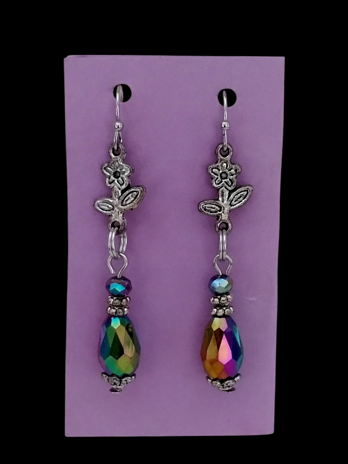 Handcrafted IRRIDESCENT BEADS SILVERTONE FLOWERS Double-Sided Dangle Earrings