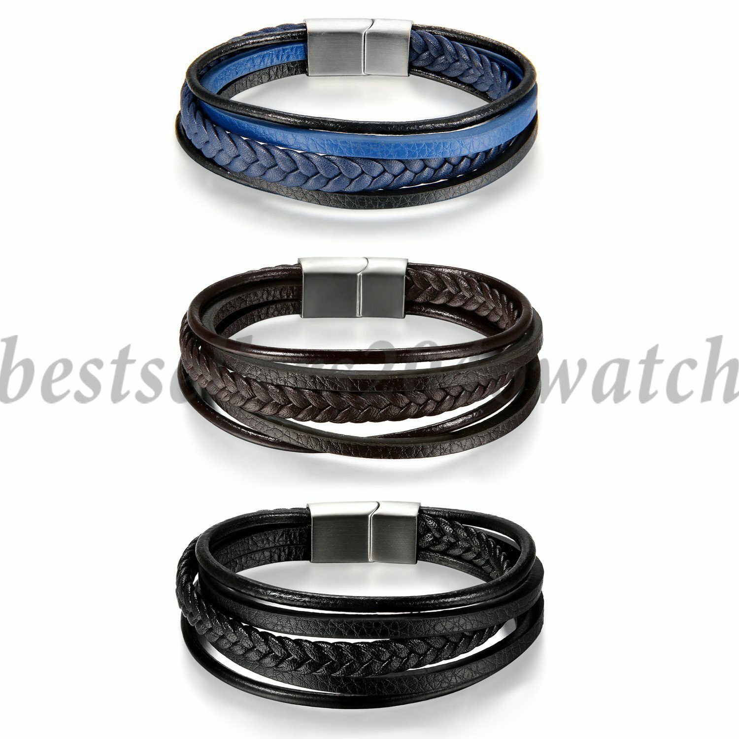 Men’s Braided Leather Bangle Bracelet Stainless Steel Clasp Handmade Wristband