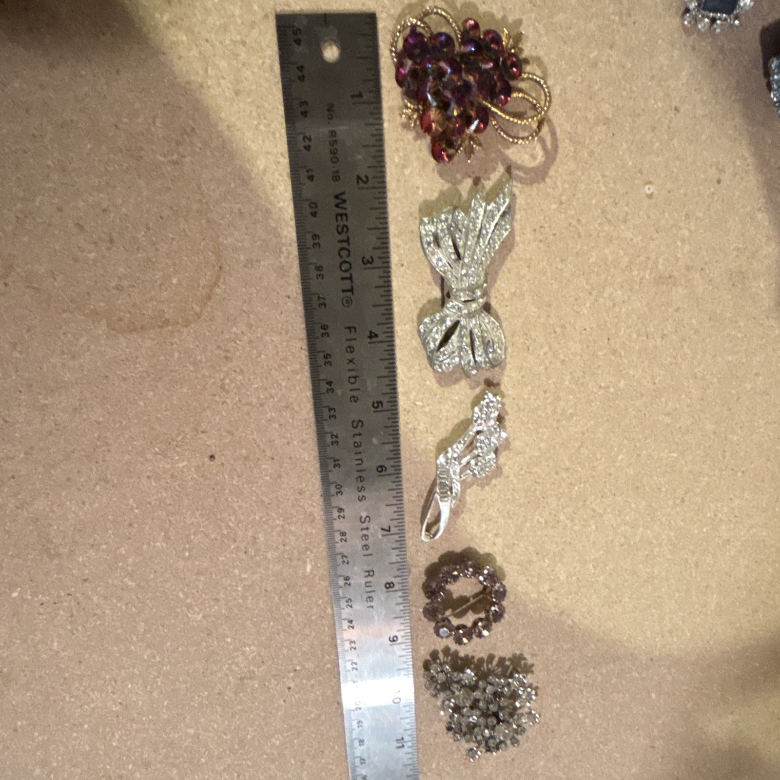 Lot of 5 Brooch Pins Rhinestone Metal Silver Tone