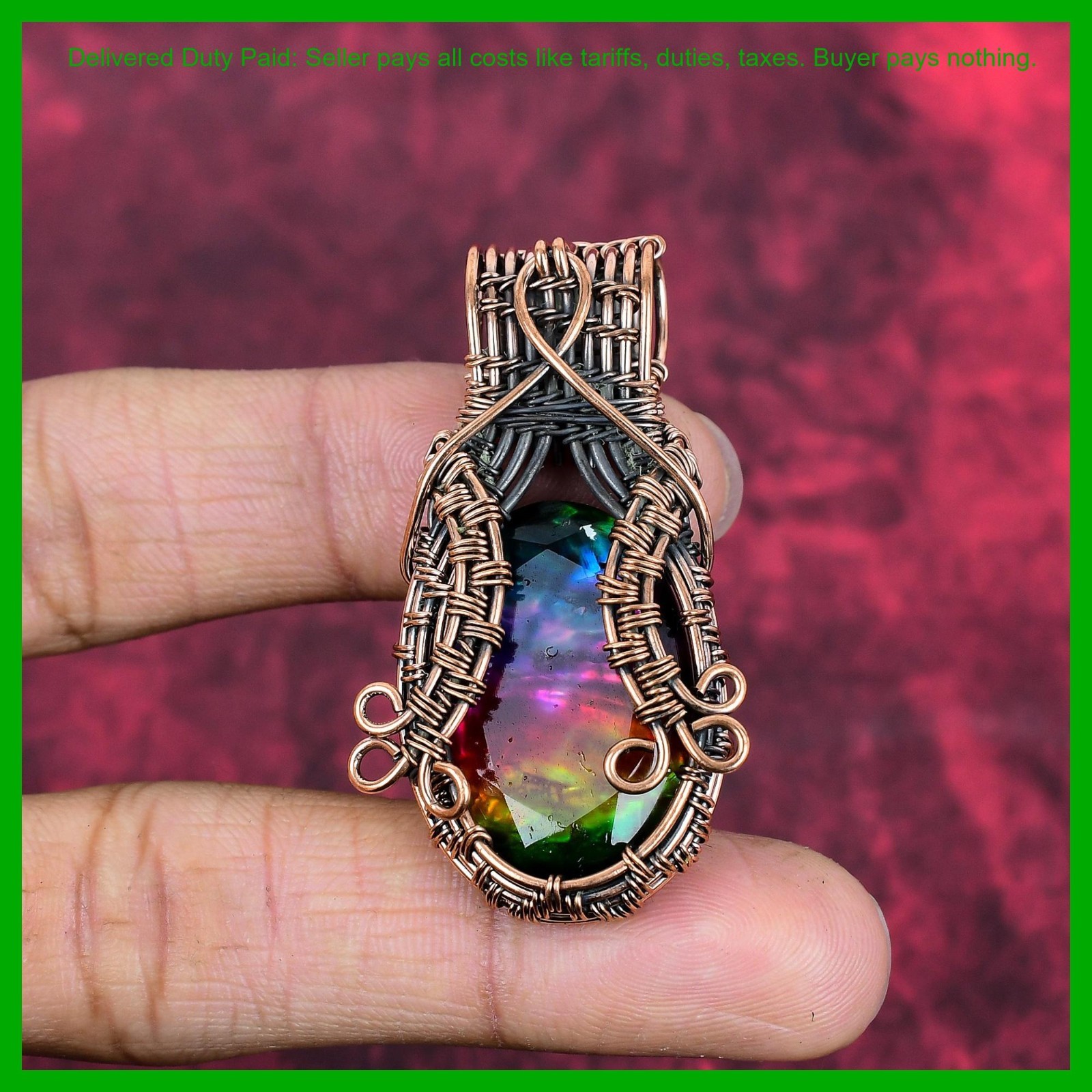 Cyber Monday Deal Copper Ammolite Gemstone Anniversary Gift Wire Wrapped Pendant