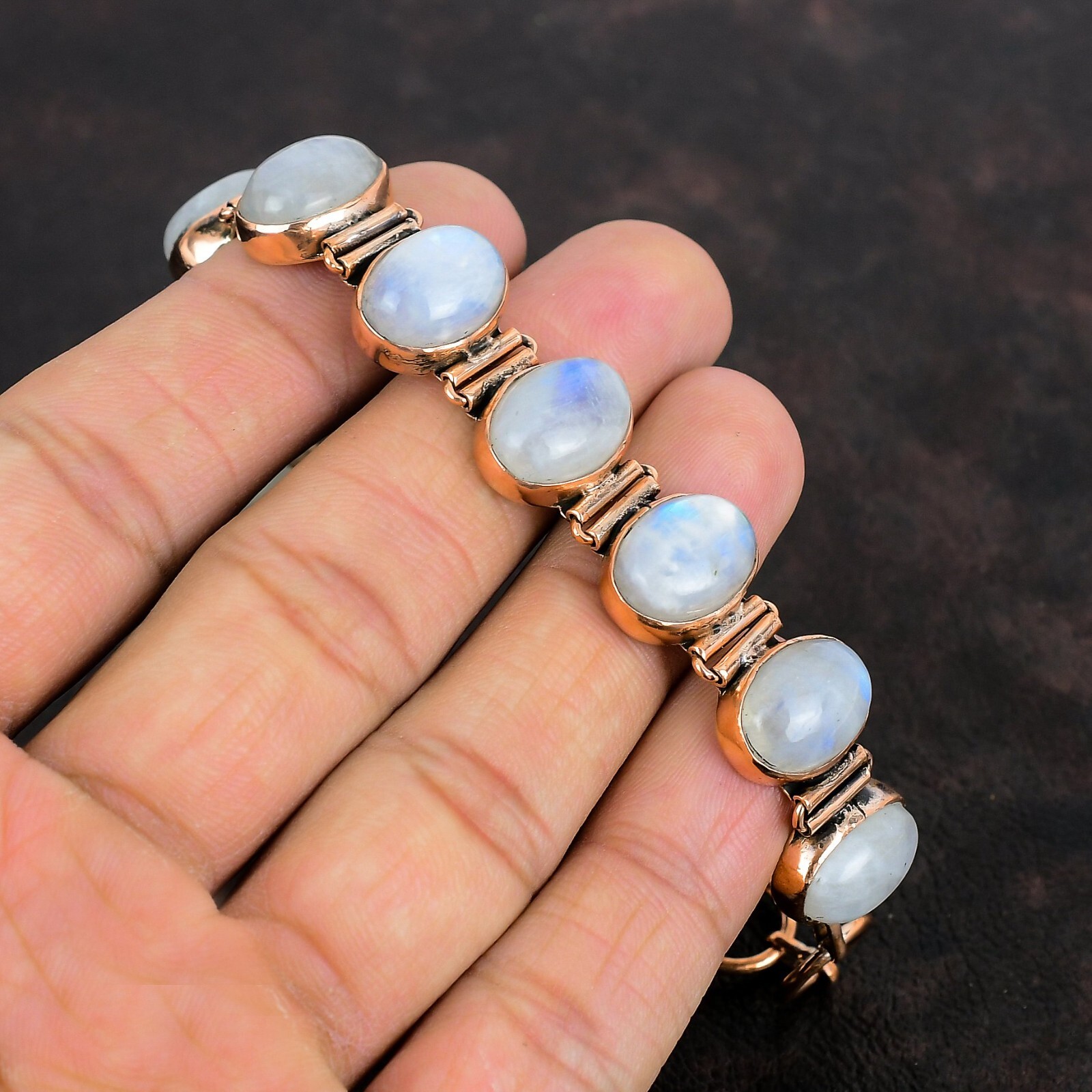 Rainbow Moonstone Adjustable Bracelet Handcrafted Copper Valentine Gift 6.0″