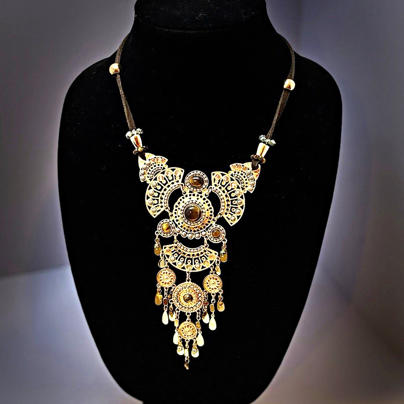 Chico’s C 1946 Antiqued Gold Boho Statement Necklace Amber Cabochons Bib Chandel