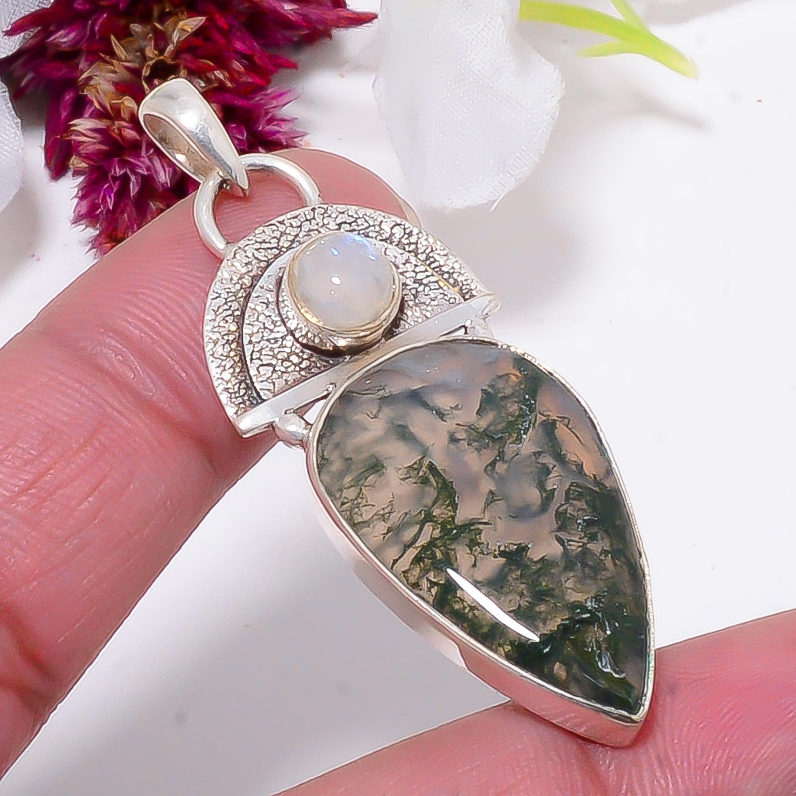 Moss Agate – India & Rainbow Moonstone 925 Sterling Silver Pendant 2.15″ Sku29