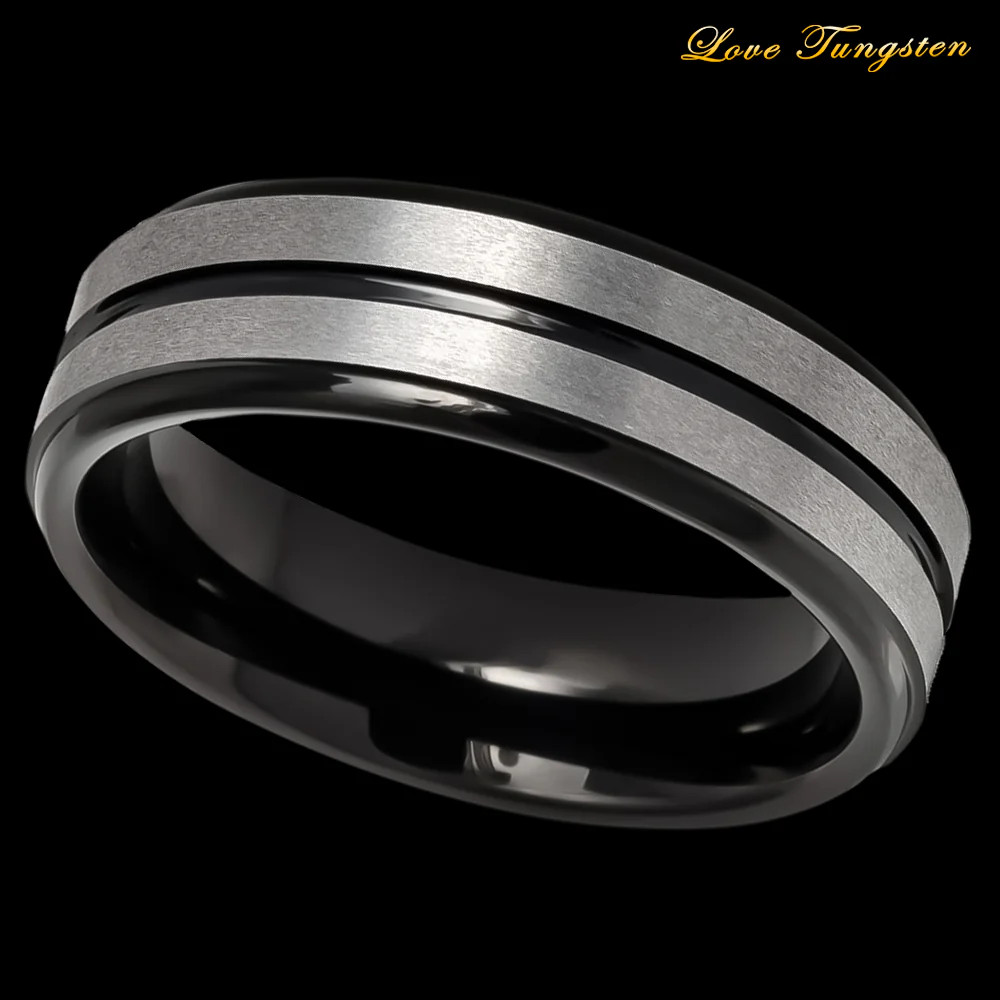 Two-tone Black IP Plated Center Grooved Brushed Finish Tungsten Ring – 6 mm
