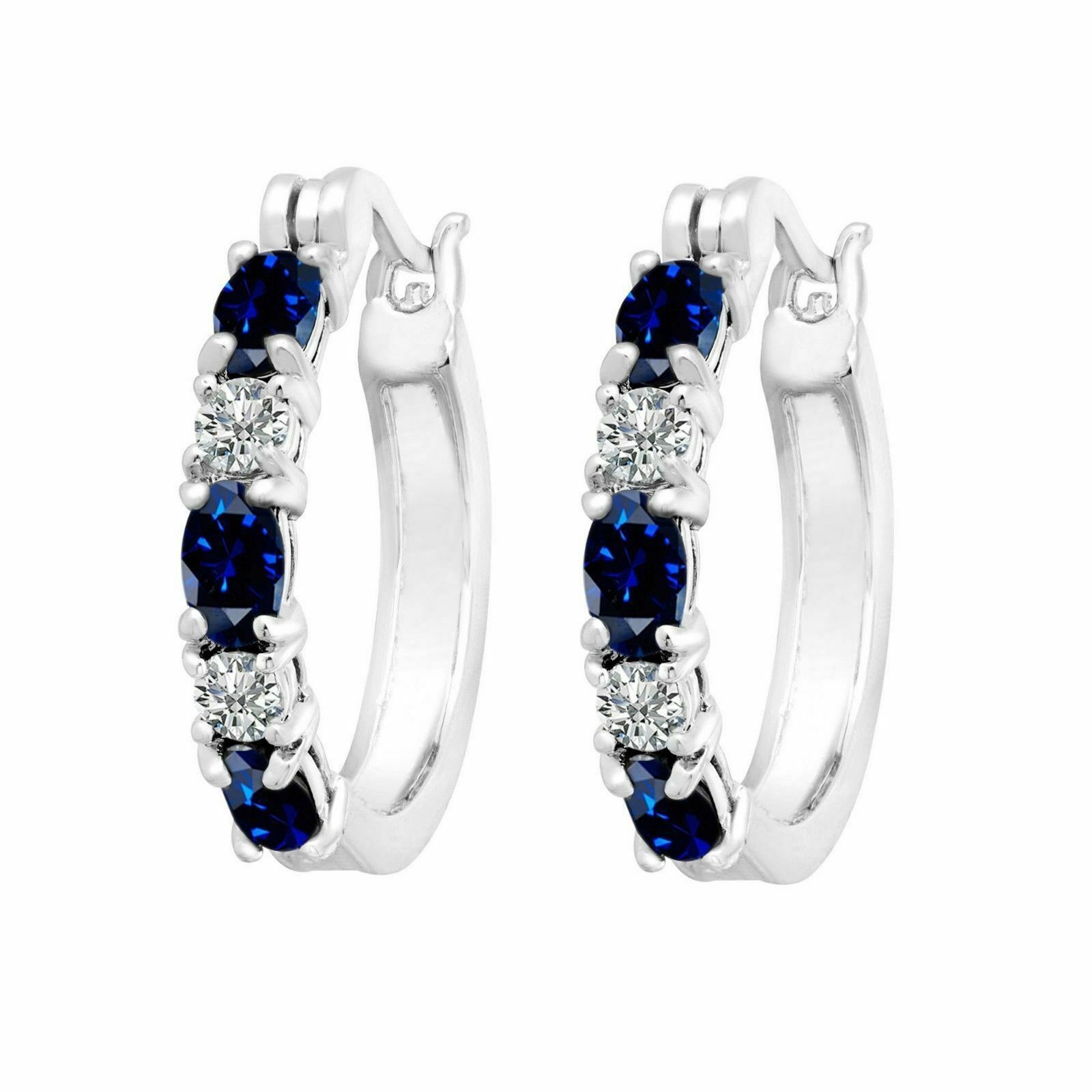 2.10 Ct Simulated Sapphire Hoop Earrings With Cz in 14K White Gold Plated Brass