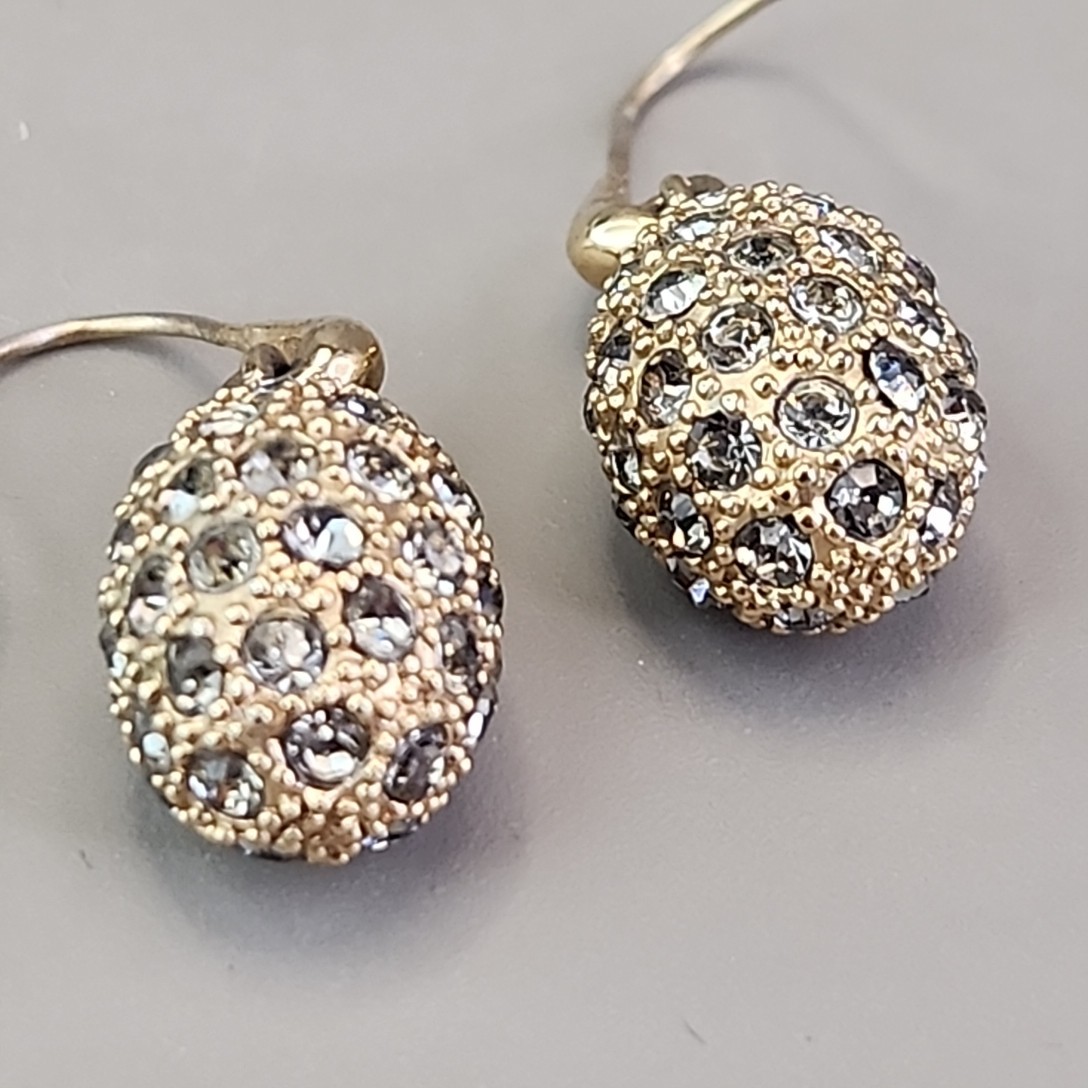 Rhinestone Egg Pierced Earrings Clear Pave Dangle Gold Tone 1″