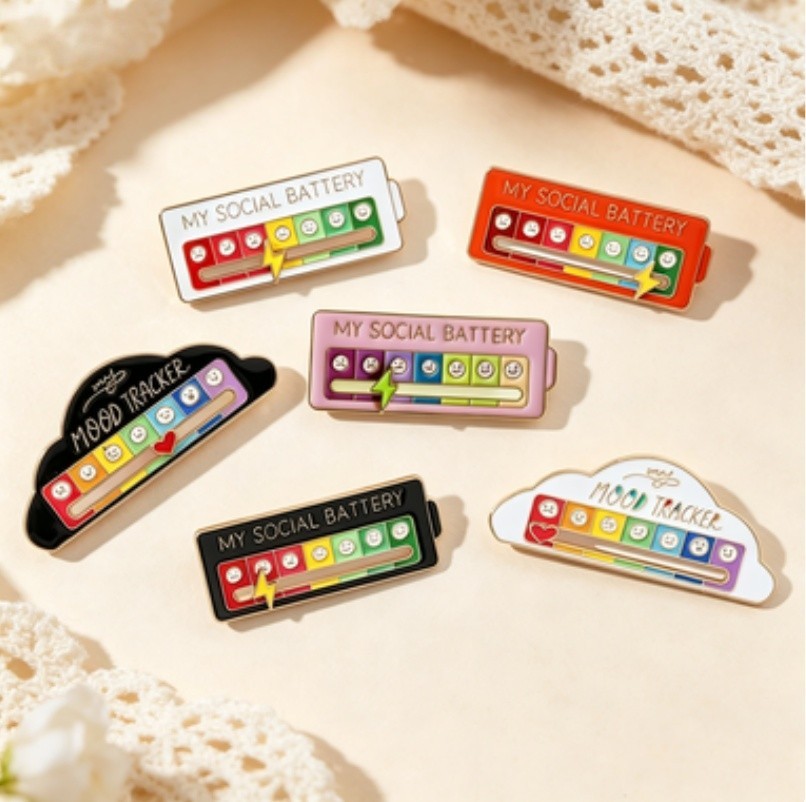 Sliding Social Battery Mood Tracker Enamel Pin Adjustable Energy Brooch 6 colors