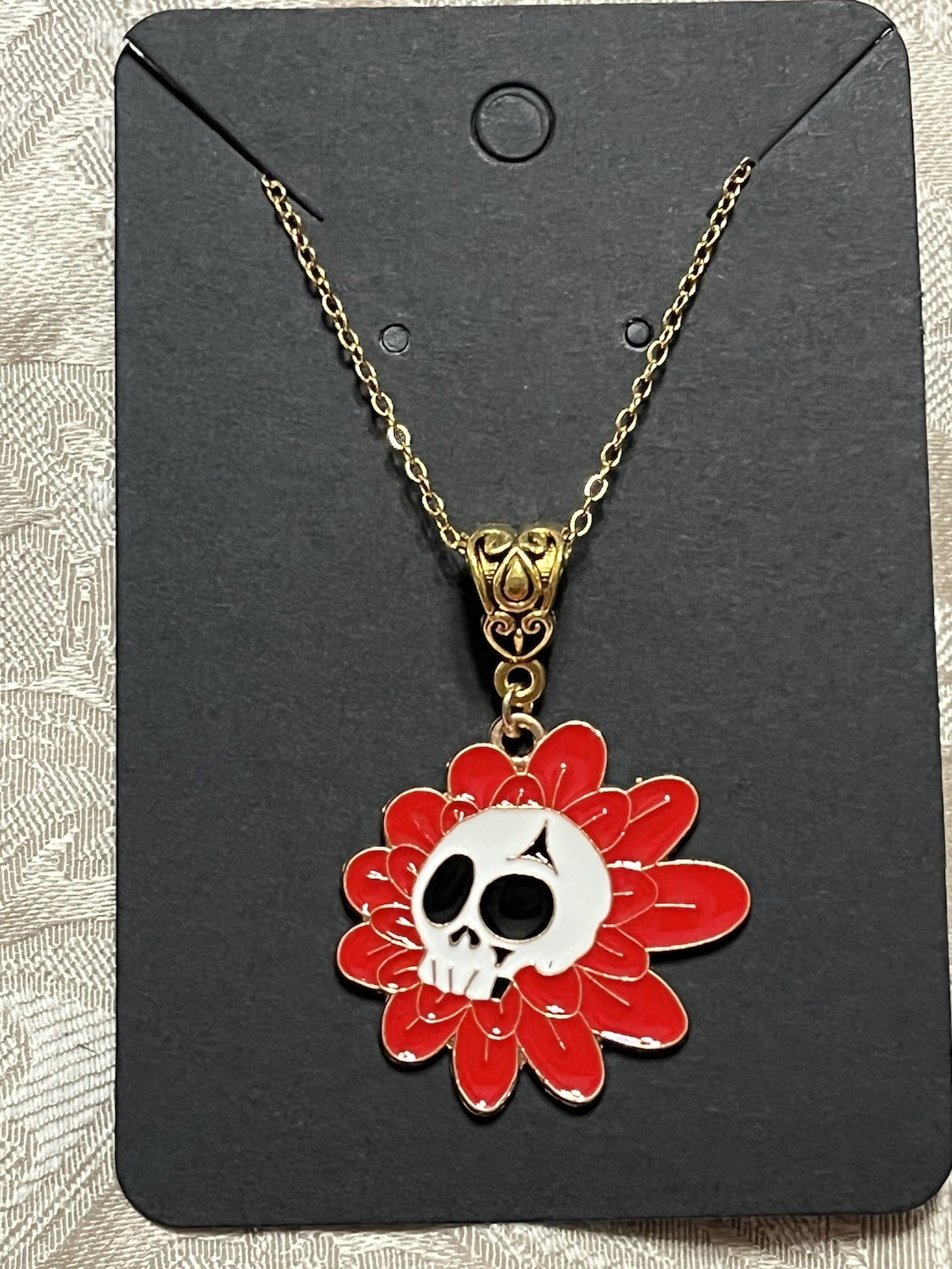 Gothic Bohemian Floral Skeleton Halloween Charm Gold Dangle Fun Necklace 18”
