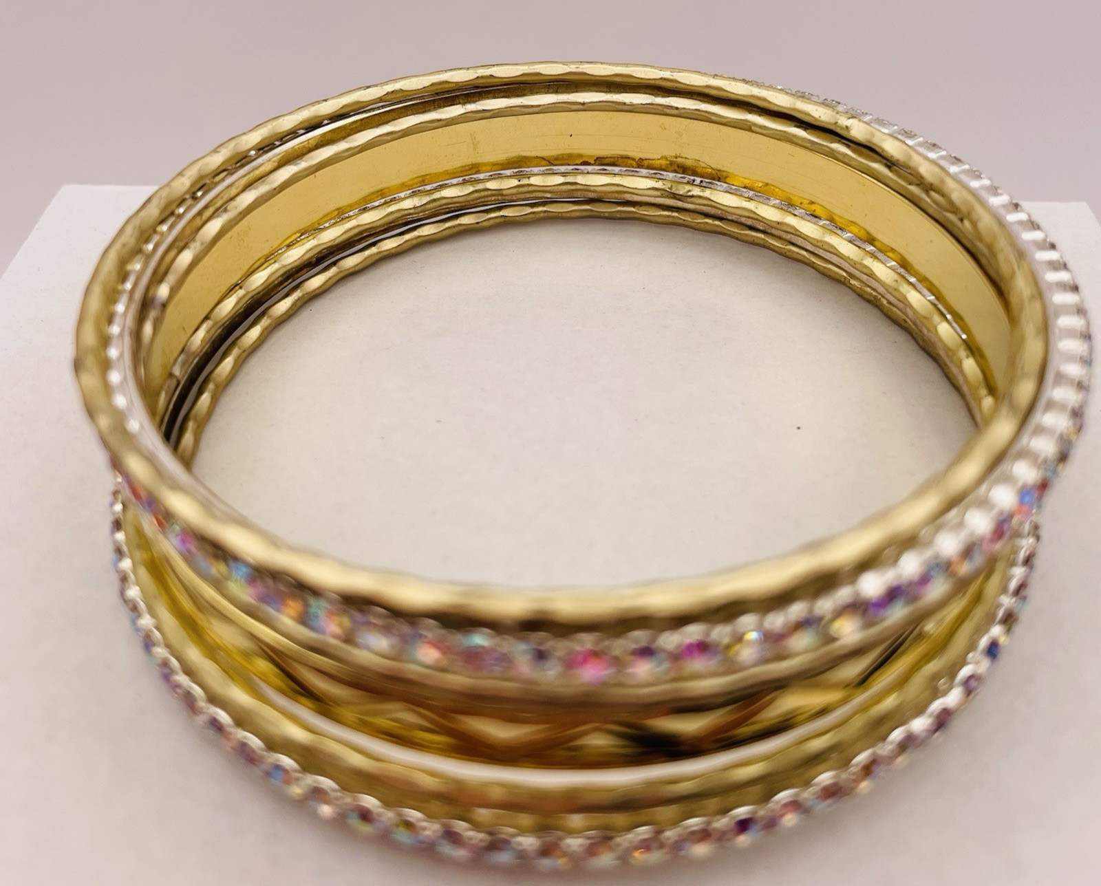 Gold And Silver Tone 7 Stackable Bangle Bracelets AB Rhinestones Engraved