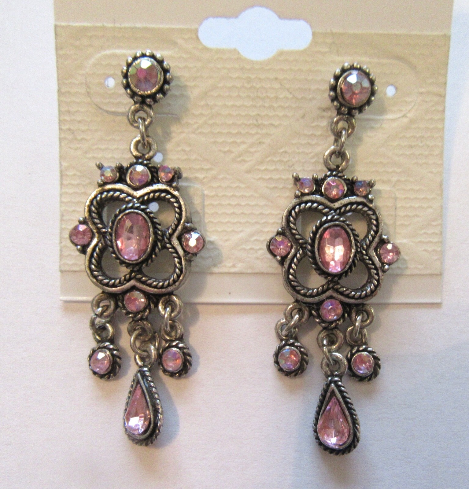 Fashion Earrings- pink stones- silver tone- pretty & unique shape-post back