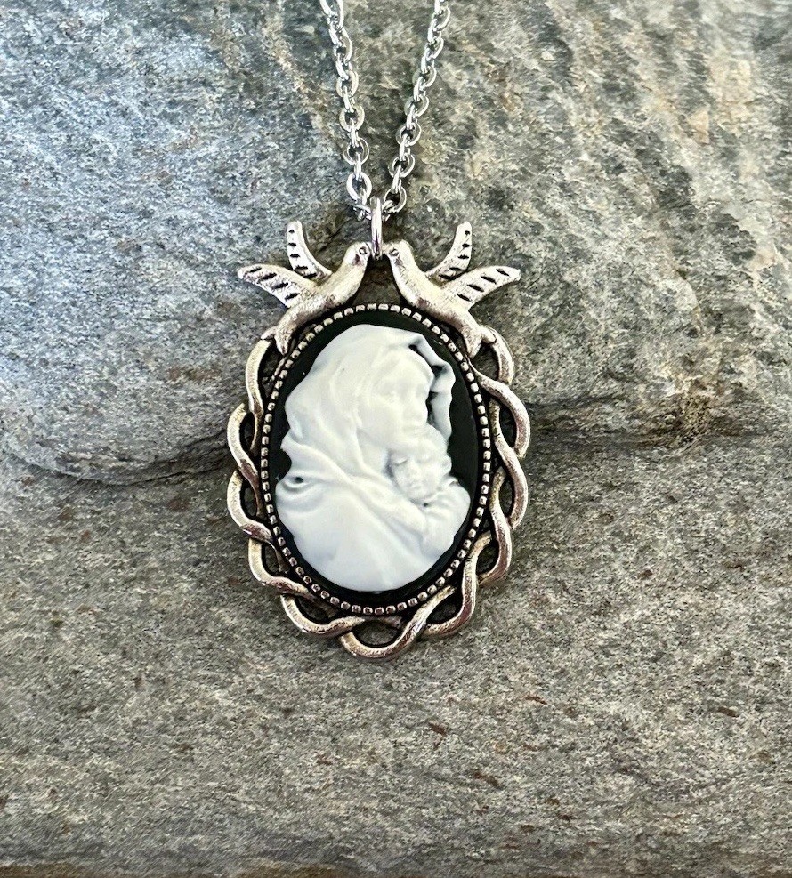 Virgin Mary & Baby Jesus Cameo Necklace White on Black 2 Doves in Flight Pendant