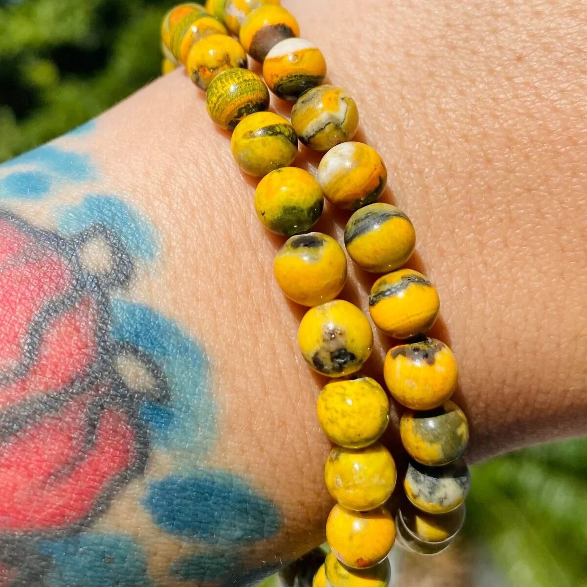8mm Yellow Bumblebee Jasper Bracelet Natural Beaded Healing Chara Elastic 7”