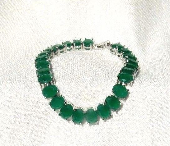 Emerald (Lab) Gemstone Silver-Filled Fashion Link Bracelet 7 3/4″ Bright