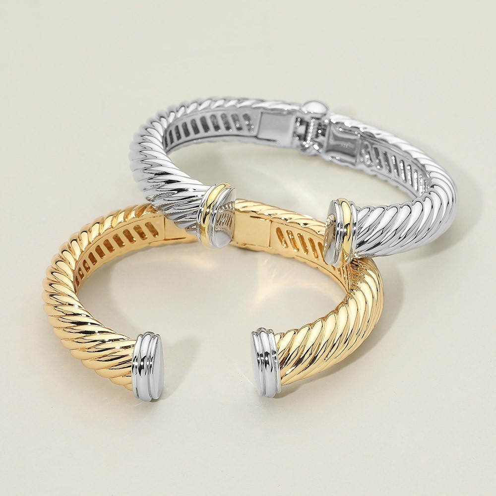 2PCS Chunky Twisted Hinged Cuff Bracelets Gold Silver Statement Bangles Women
