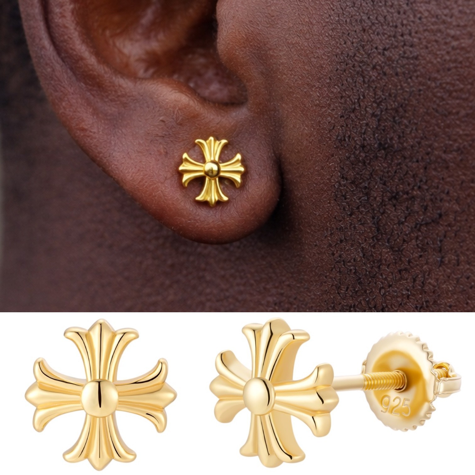 Real 14k Gold Over Solid 925 Silver Men Hearts Chrome Star Earrings Plain Studs