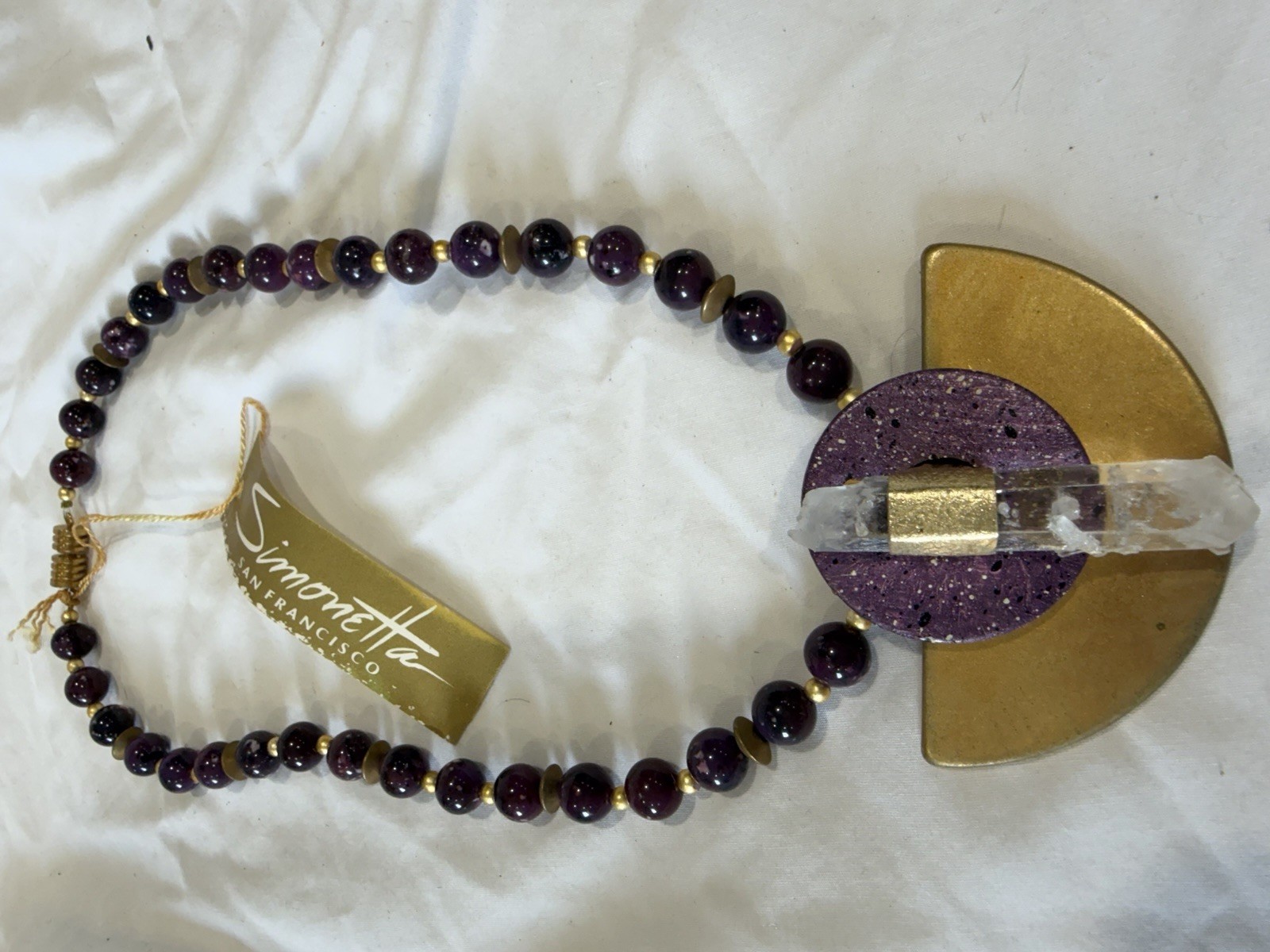 Simonetta San Francisco Purple Beaded Necklace Gold Asymmetrical Amulet Pendant