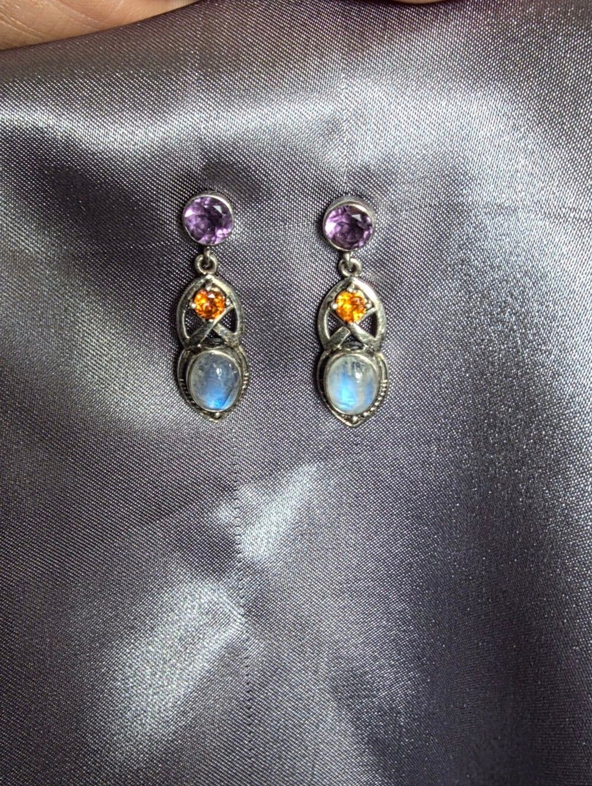 Amethyst Moonstone Citrine Ornate Sterling Silver Drop Earrings India