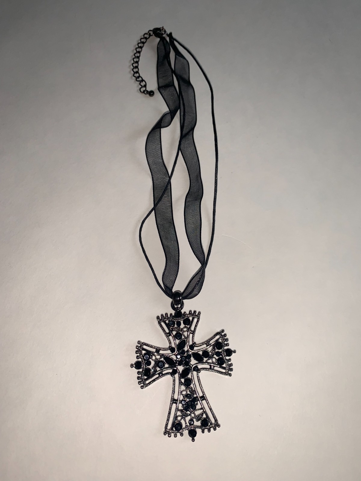 Gothic Black Cross Pendant Necklace Gunmetal Rhinestone Victorian Style Jewelry