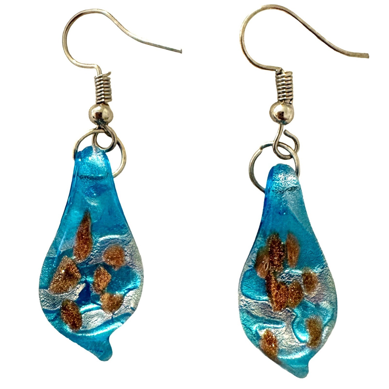 Teal Murano Style Art Glass Teardrop Earrings Silver Copper Aventurine Dangle