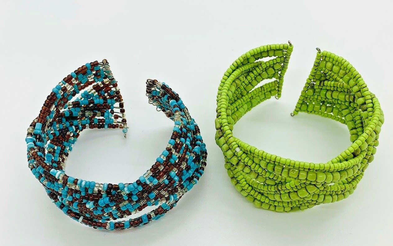 2 MULTI-COLOR SEED BEAD BRAIDED GOLD TONE CUFF BRACELET FITS ALL WRIST