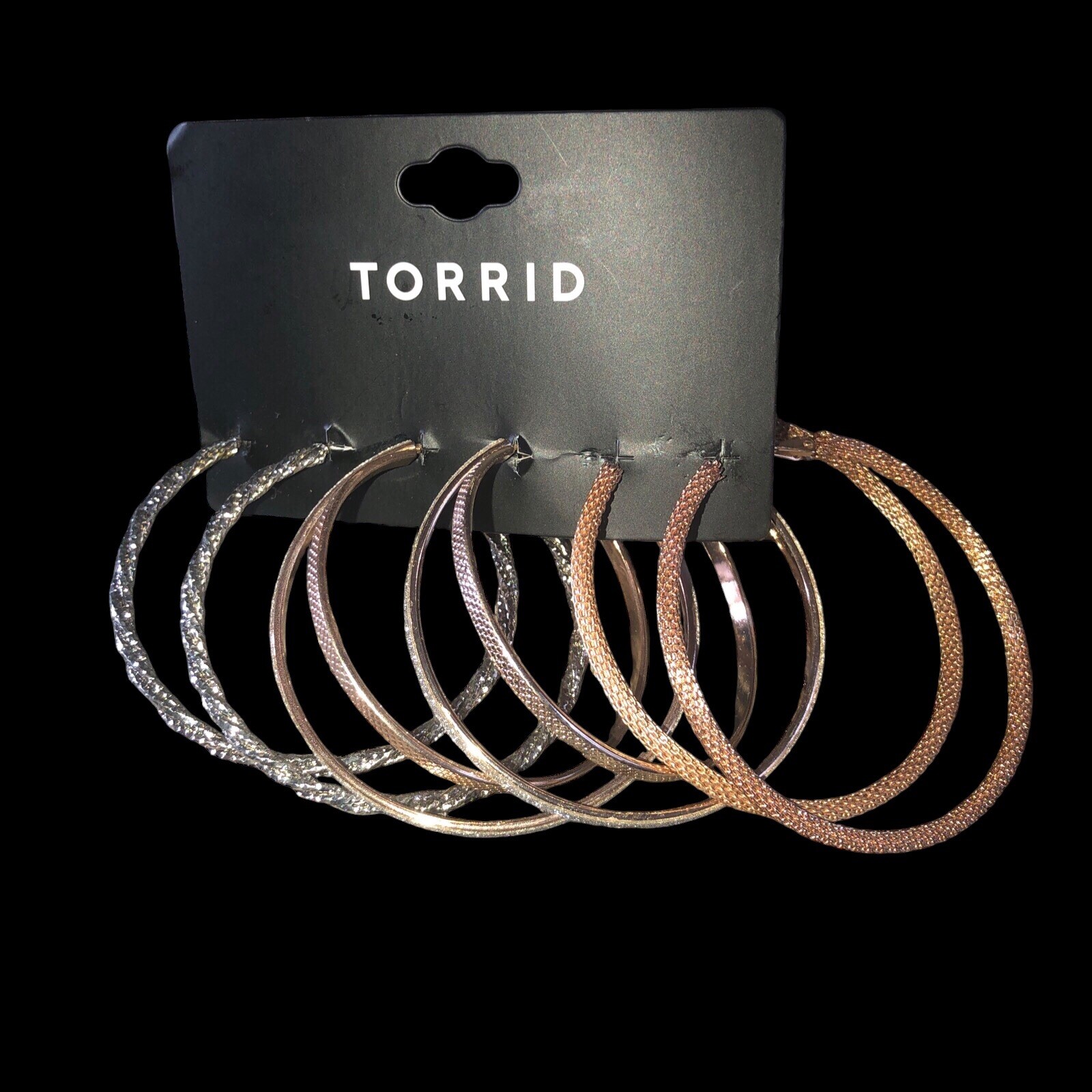 Torrid Rose Gold, Rhinestone/ Gold Crisscross, Silver 3″ Hoop Earrings 3 pairs