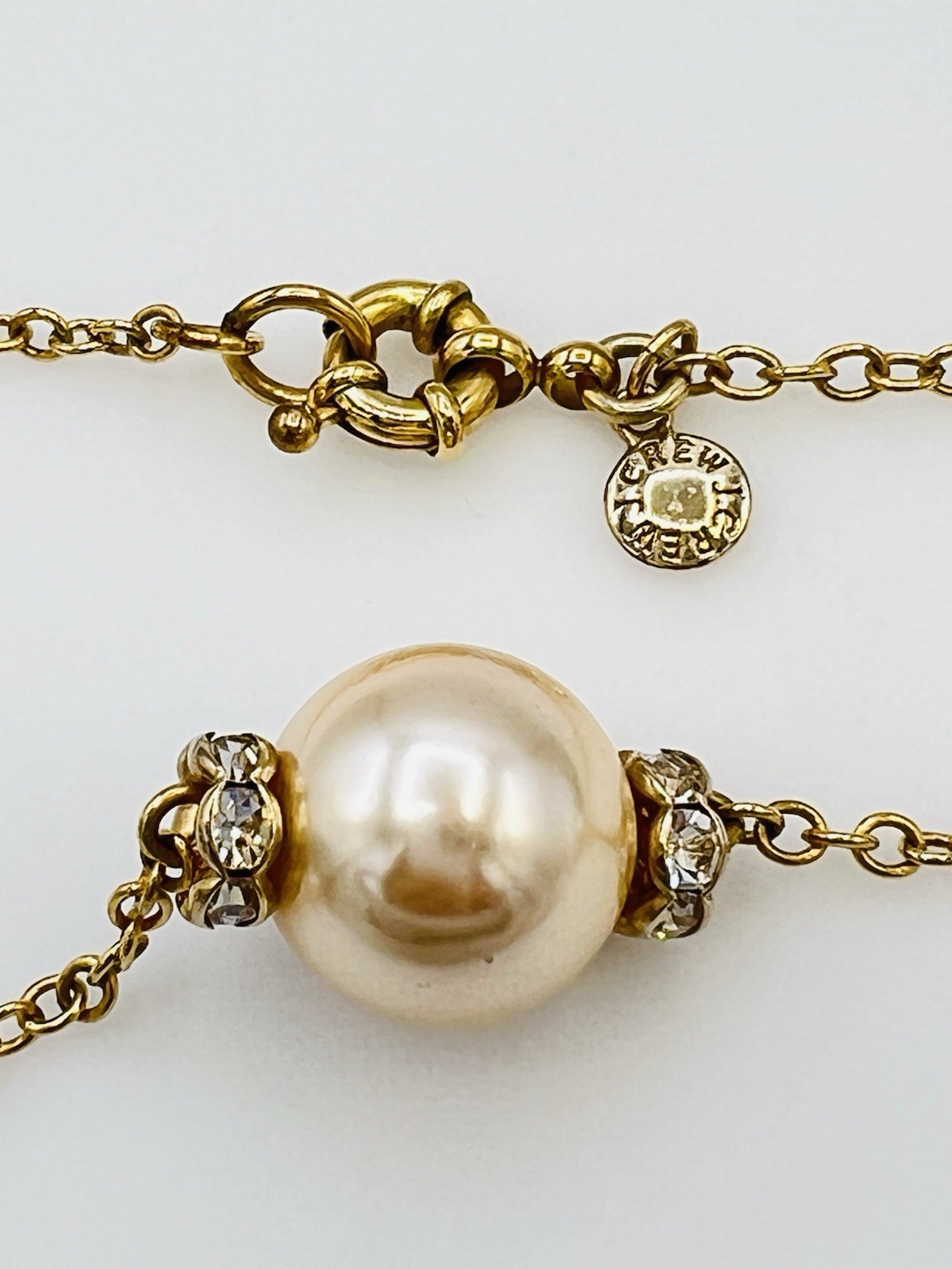 J Crew Gold Tone Faux Champagne Pearl Crystal Rondell Station Necklace 34 in