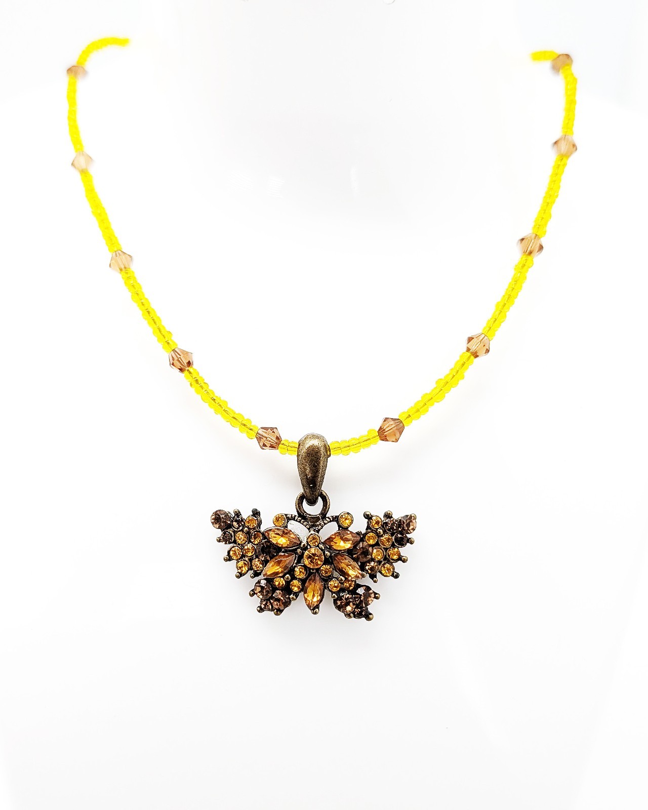 DESIGNER INSPIRED 19 in YELLOW BROWN CRYSTAL GOLD BRONZE BUTTERFLY JEWELRY SET