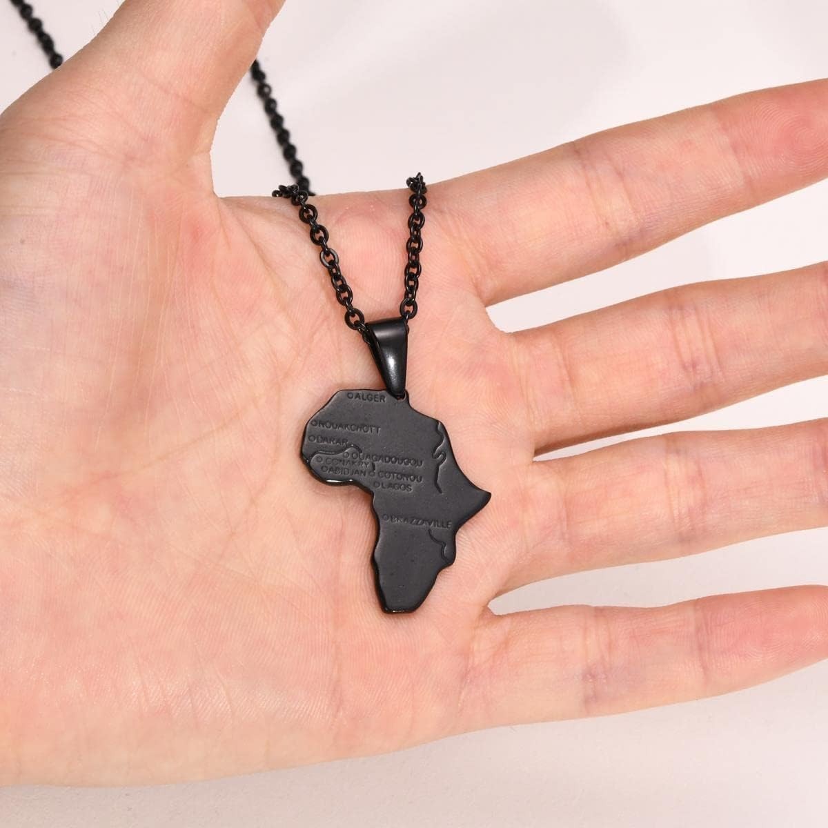 Black Africa Map Pendant Necklace, Capital Cities Stainless Steel Jewelry
