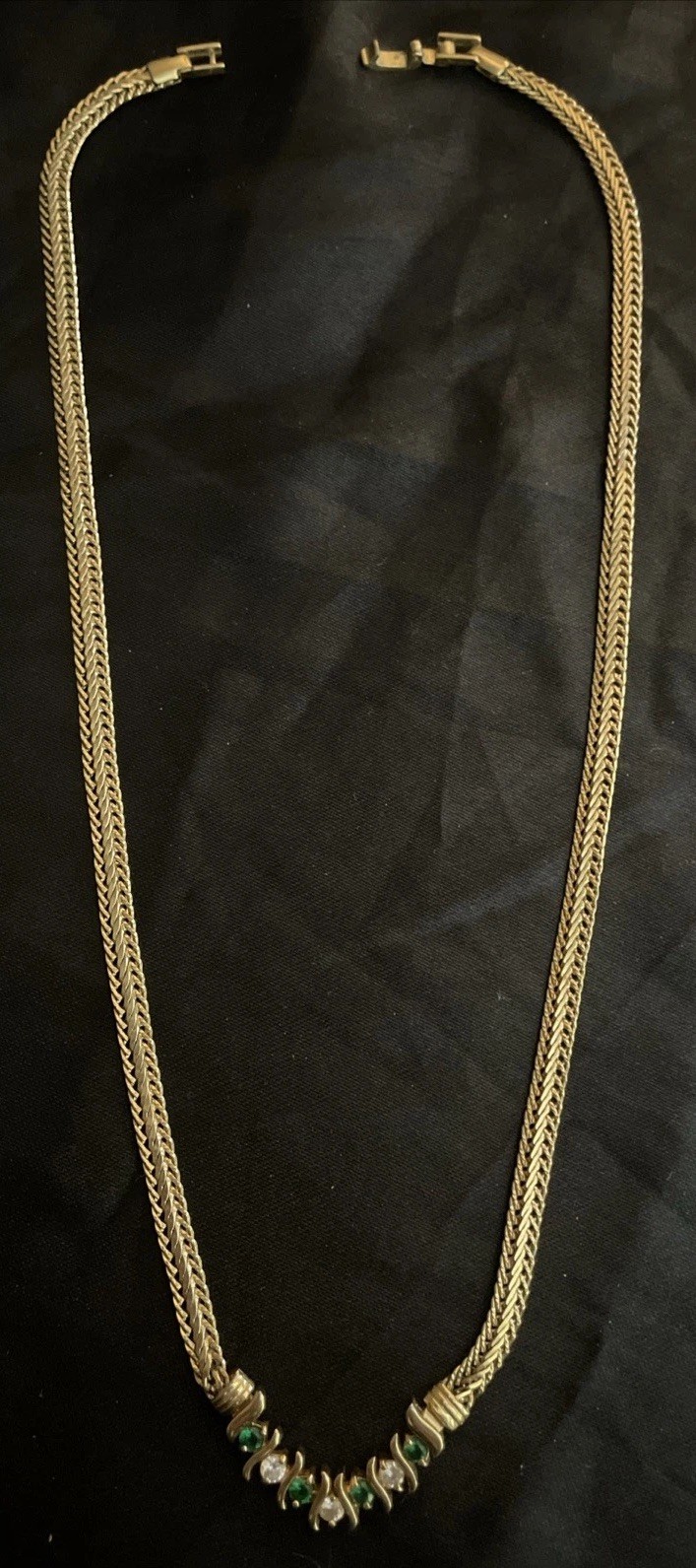 Gold Necklace With Green And White Stones