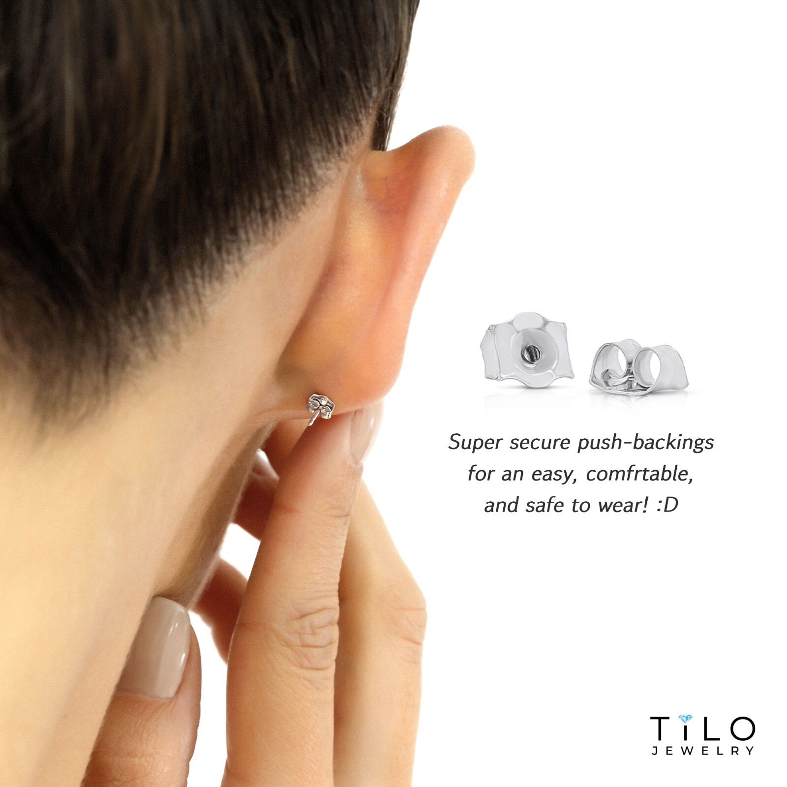 10K Solid White Gold Solitaire Round CZ Sleeper Stud Earrings Pushback 2.5mm-8mm
