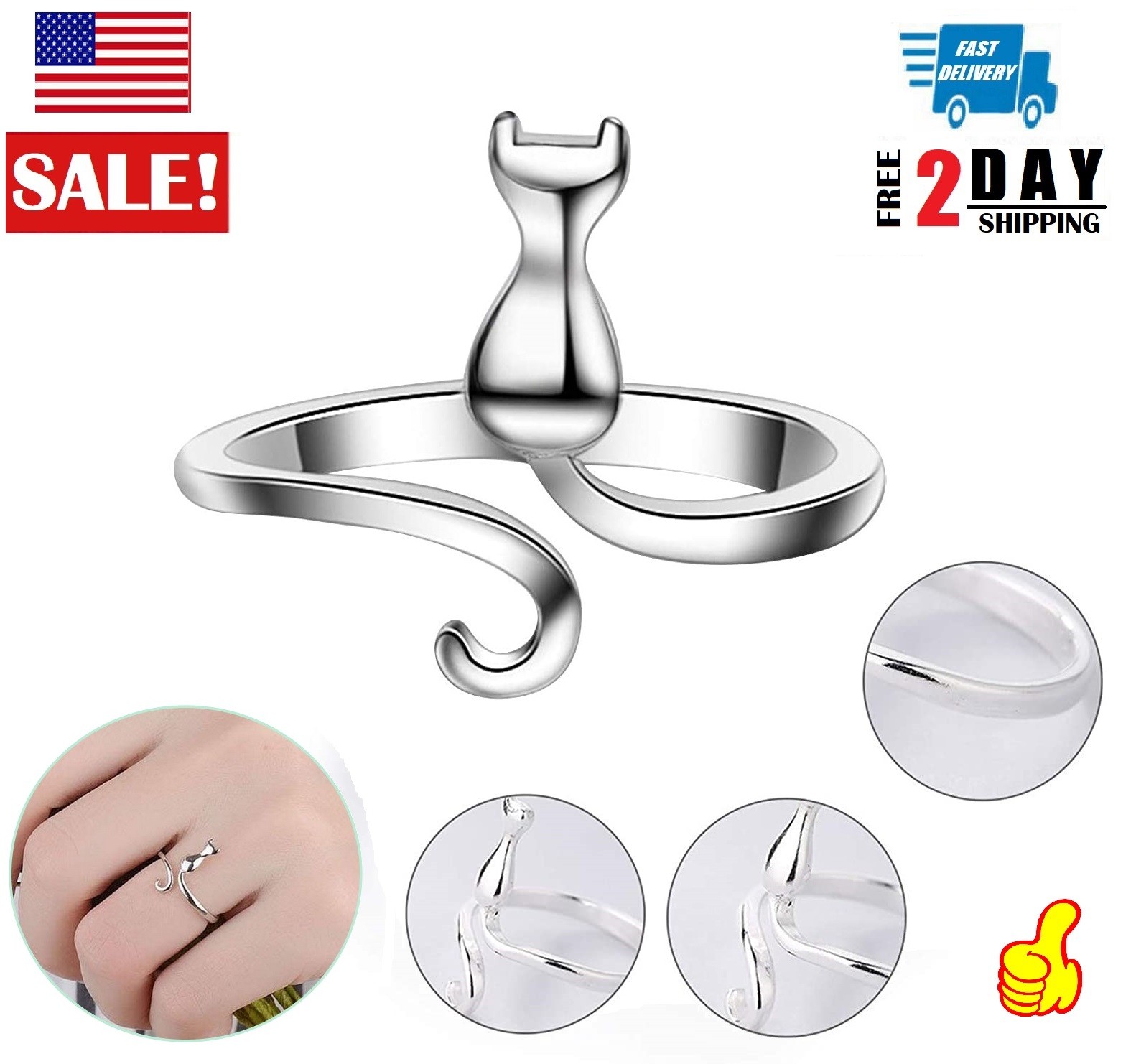 Cute Cat Sterling Silver Engagement Open Toe Rings Pet Lovers Dainty Adjustable