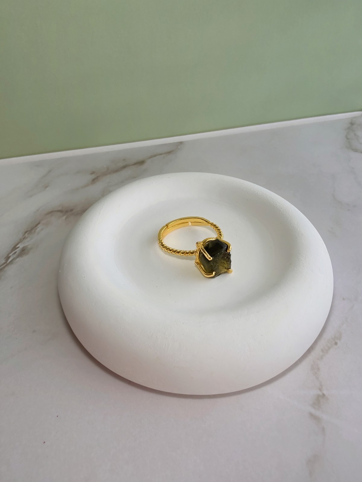 Natural Moldavite Ring 14K Gold Plated 925 Silver Adjustable Gift for Her