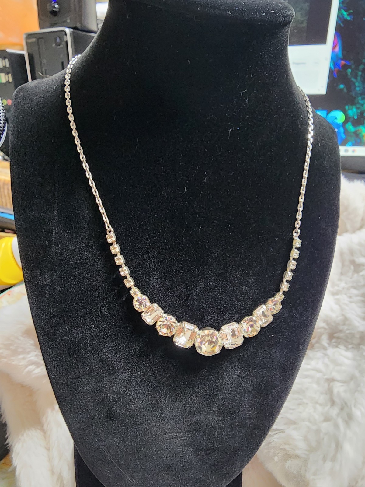 Silver Plated Statement Chain Necklace with Clear Simulated Crystal Rhinestone