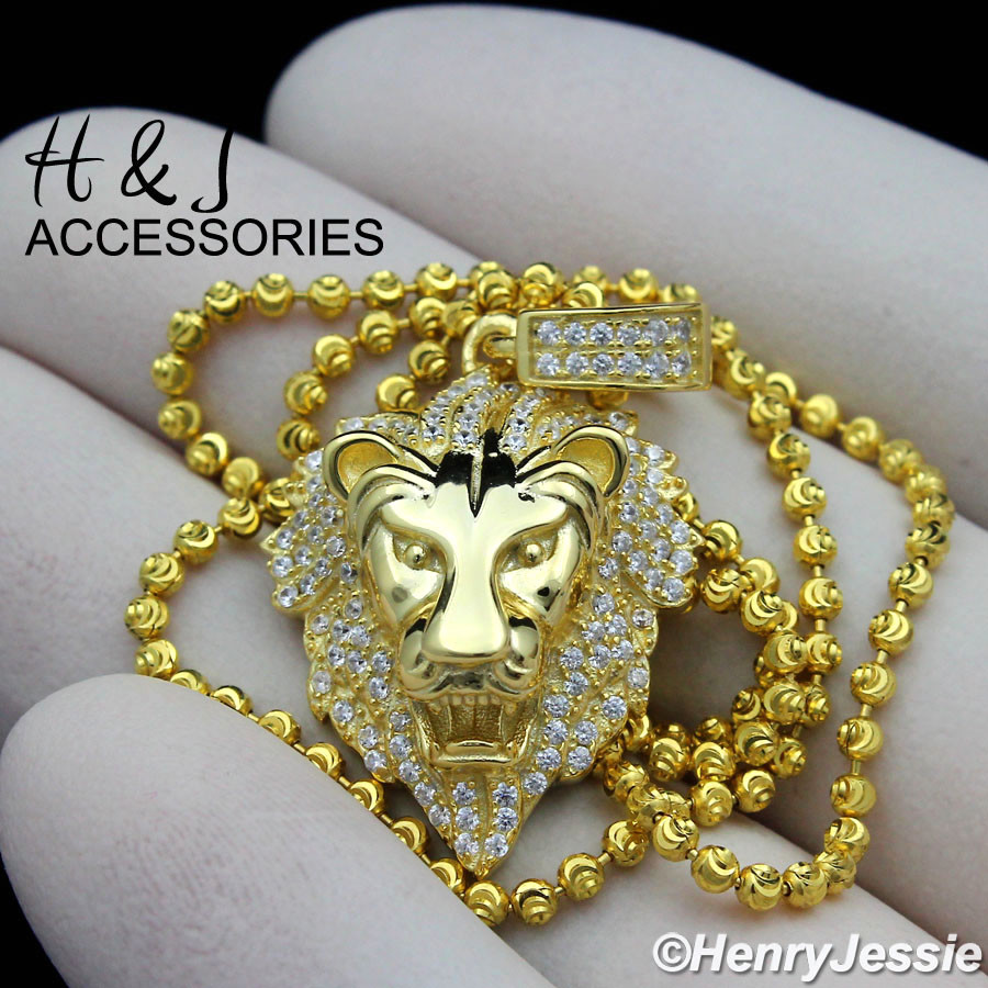 18-30″MEN 925 STERLING SILVER 2MM GOLD PLATED BEAD CHAIN CZ LION PENDANT*GP185