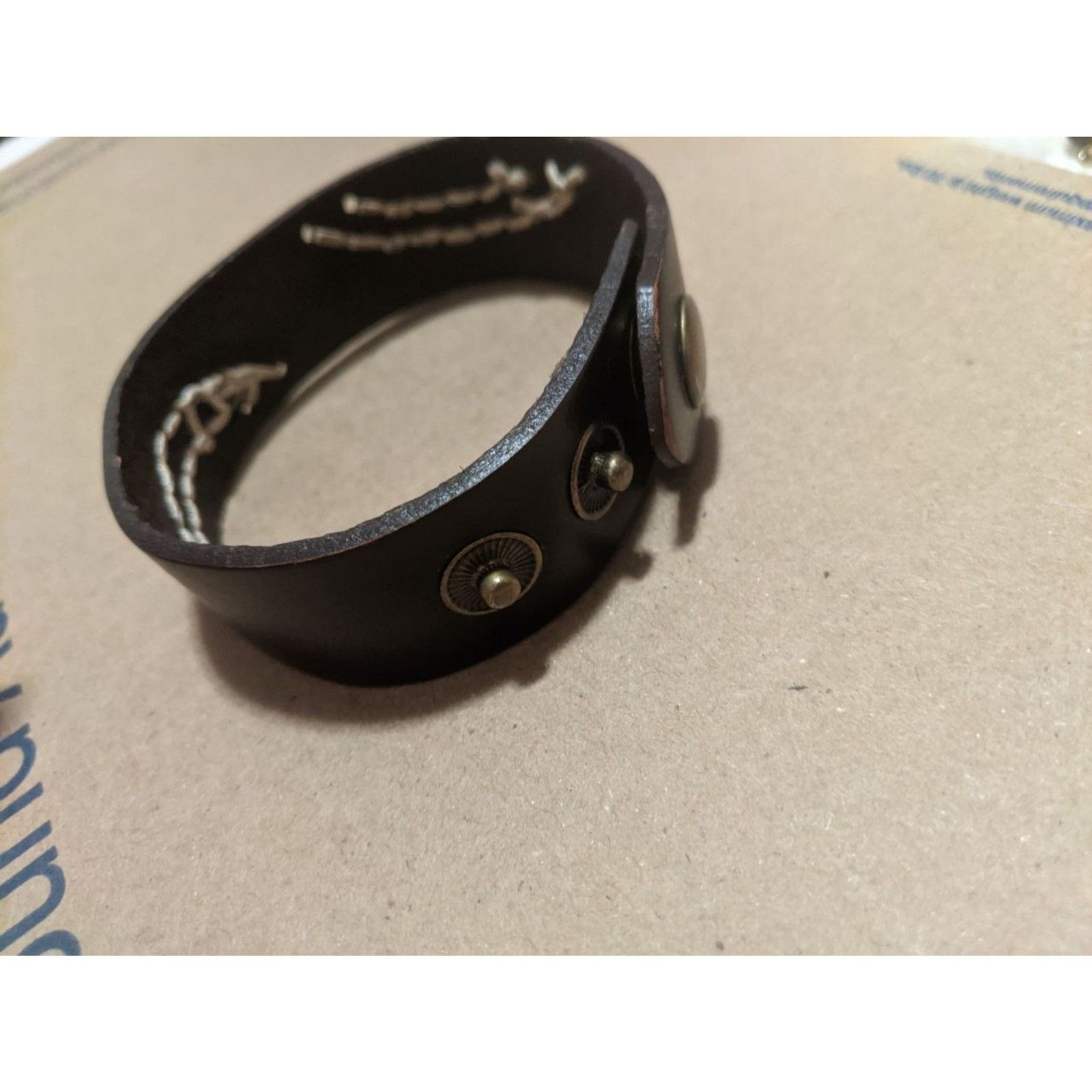 Brown Leather Cuff Bracelet Adjustable Contrast Stitch Boho Grunge Biker