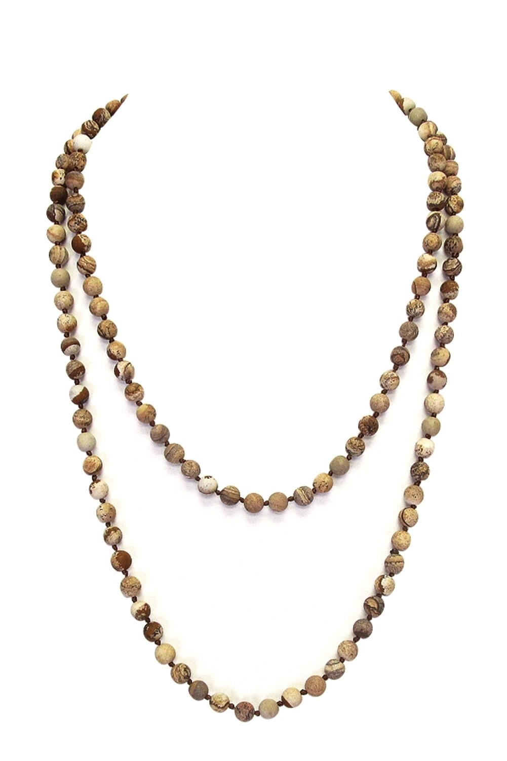 Long Tan Light Brown Beige Stone Bead Rope Necklace Single Strand Knotted 56”